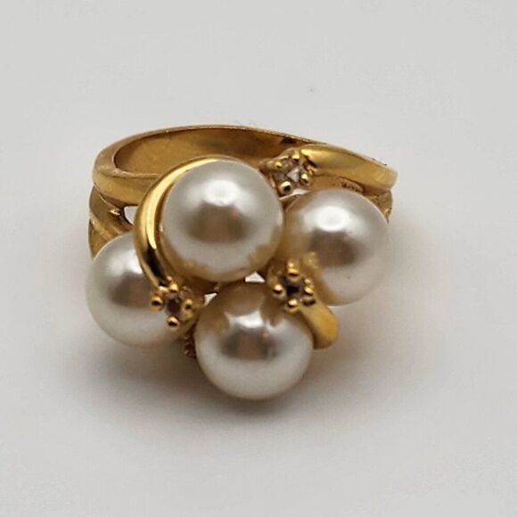 Vintage 14K Gold Electroplated Faux Pearl & Rhinestone Ring (6.25) - Picture 6 of 8